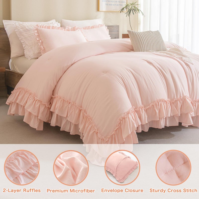 Masaca مجموعة لحاف Masaca Blush Pink، طقم لحاف سرير كوين فارمهاوس شابي بوهو شيك عتيق ريفي ناعم من الألياف الدقيقة أسفل طقم لحاف سرير بديل 3 قطع (1 لحاف مكشكش و2 كيس وسادة) - Image 2
